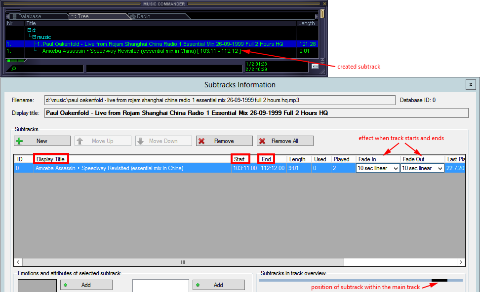 Editing subtrack start time, end time, title and fade effect (linear 10 seconds)